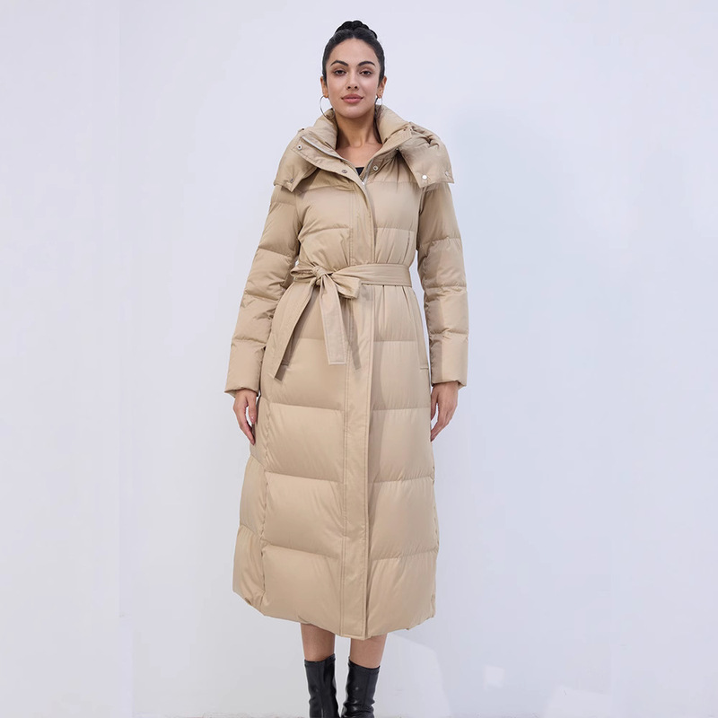 Autumn and Winter New Long down Jacket for Women, Knee-Length Hooded Korean Style Waist Slimming Classy Warm Jacket Goose down Jacket