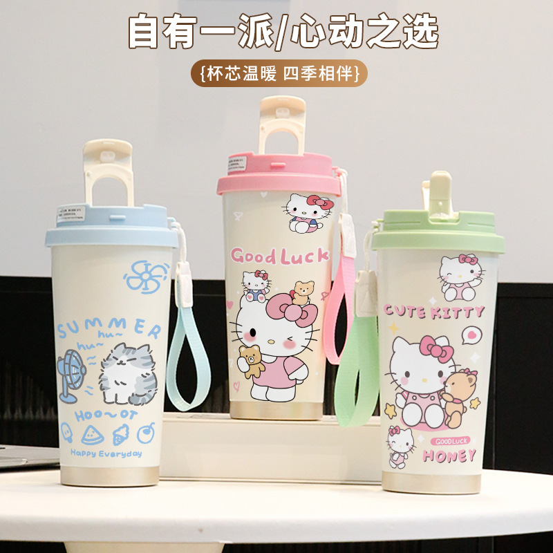 新款童趣咖啡杯316不锈钢保温杯卡通带吸管杯子双饮高颜值喝水杯|undefined