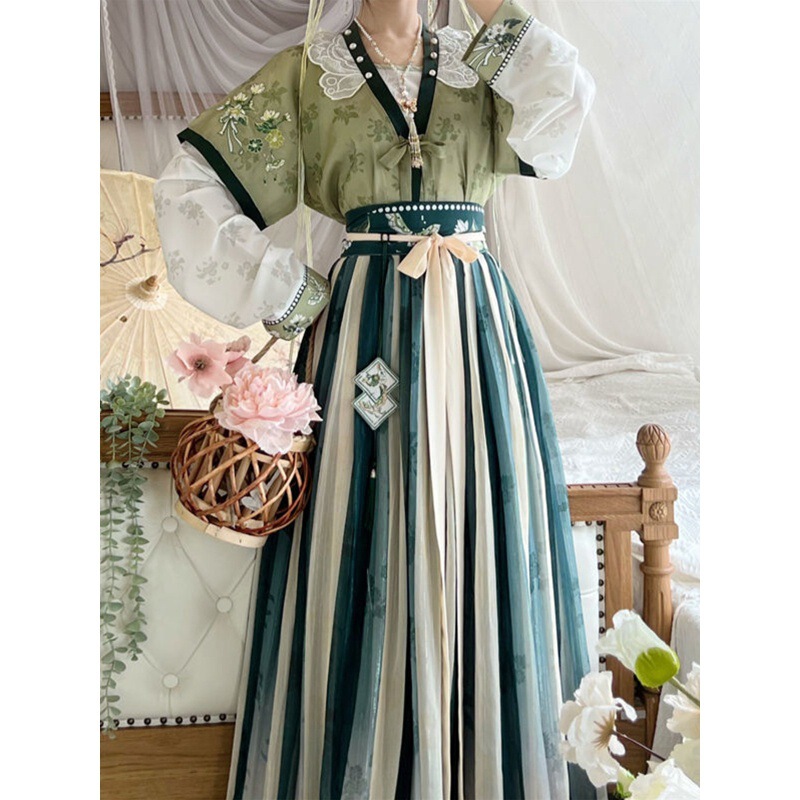 Tang-made Hanfu Women's Original genuine goods Embroidery Tang Backbone Half-arm Pin Collar Waist-level Skirt Fairy Style Antique Traditional Daily