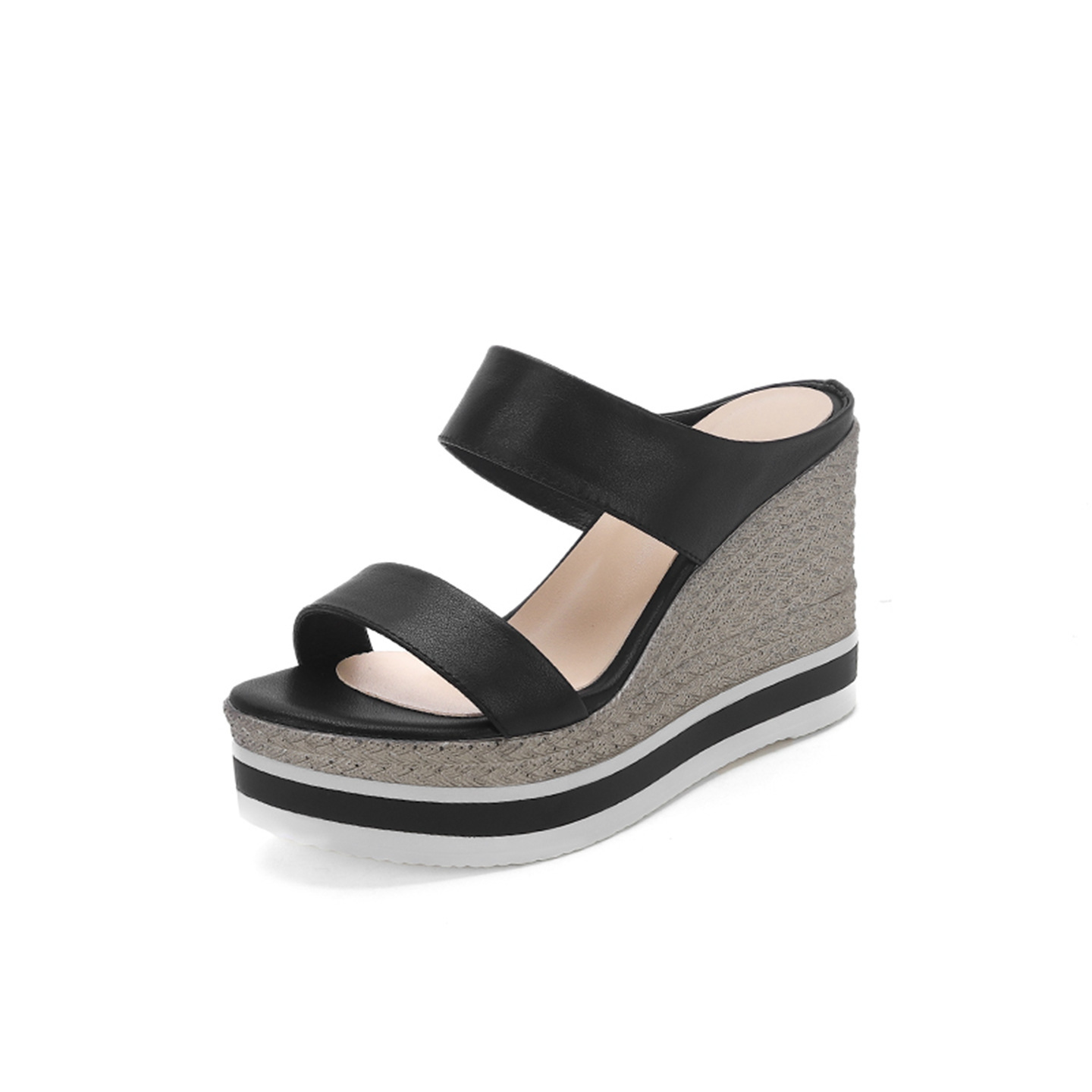 Sandal cao gót nữ đế xuồng 10 cm, hở mũi, phong cách mùa hè — đen