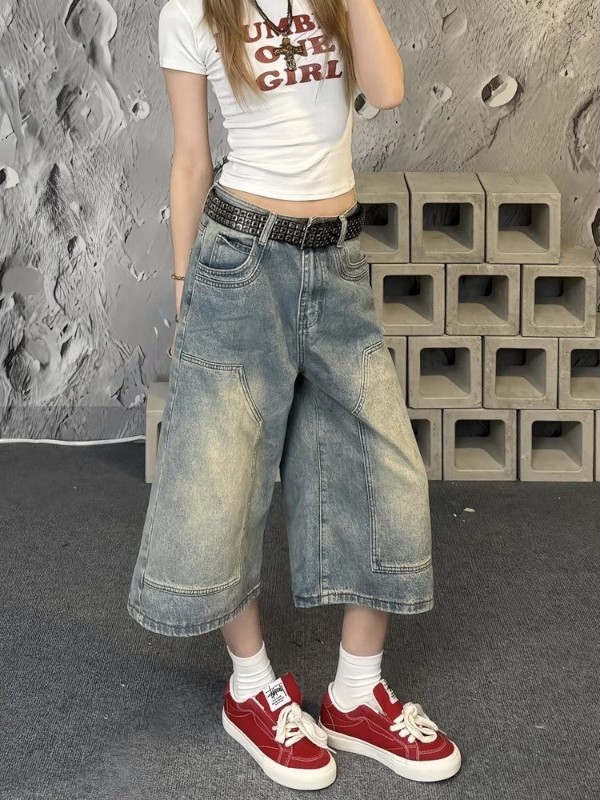 美式复古水洗做旧牛仔裤女夏季大码胖mm七分宽松显瘦直筒阔腿裤子|undefined