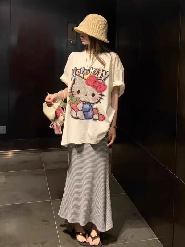 纯棉HelloKitty印花白色短袖T恤女夏季慵懒风宽松洋气时髦上衣潮|undefined