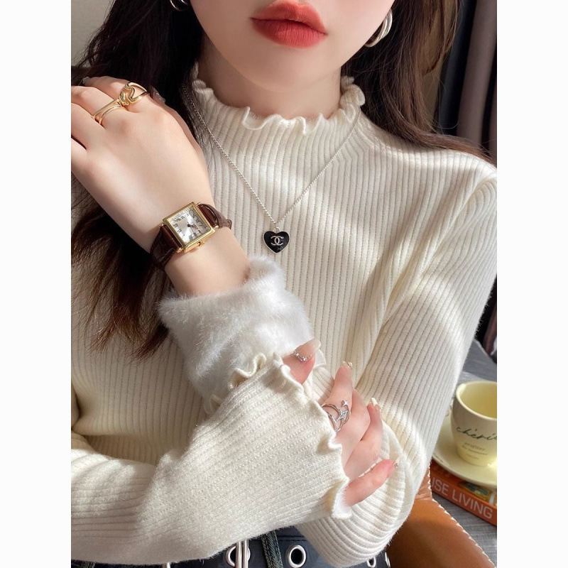 半高领一体绒打底衫女内搭秋冬新款加绒加厚毛衣洋气木耳边针织衫