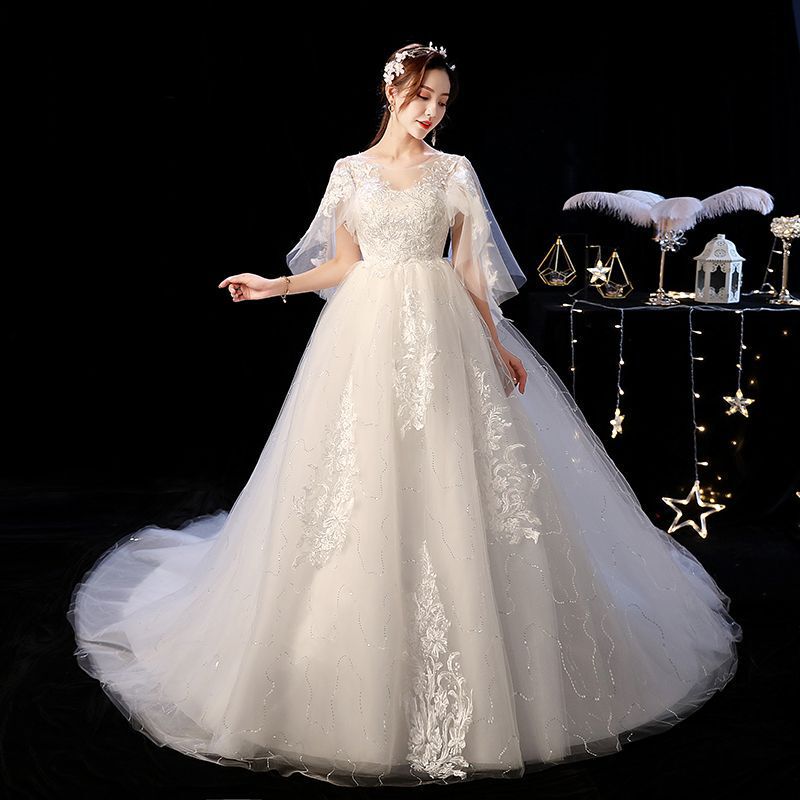 Wedding Dress, Bride's Wedding Dress, Middle School Student's Internet Celebrity's Floor-Length Wedding Dress, High-Waisted Korean Style Maternity Wedding Dress, One-Shoulder Large Size