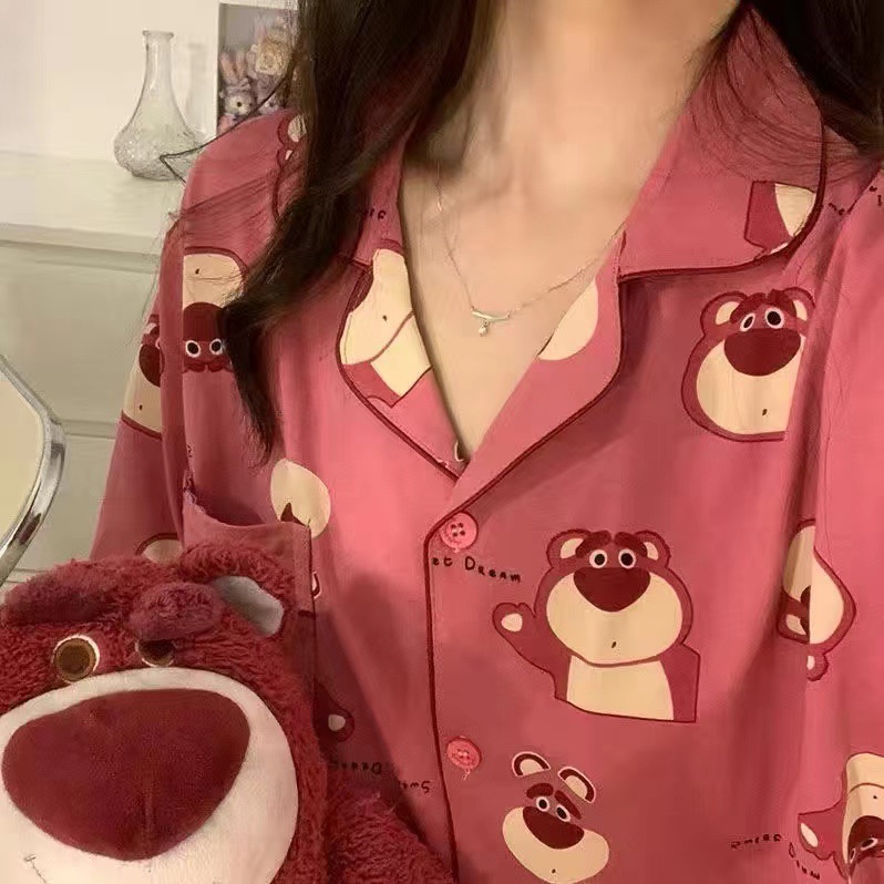 Ins Style Strawberry Bear Cute Japanese Style Pajamas 2025 New Autumn and Winter Cardigan Long-Sleeved Student Home Wear Set