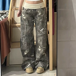 螺纹腰头3D数码打印树叶迷彩牛仔裤女复古设计感宽松显瘦休闲长裤