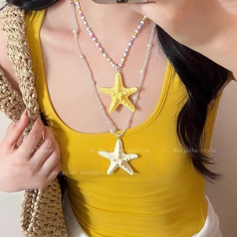 多巴胺长款串珠海星项链女夏天海边海岛度假风夸张黄色锁骨链配饰|undefined