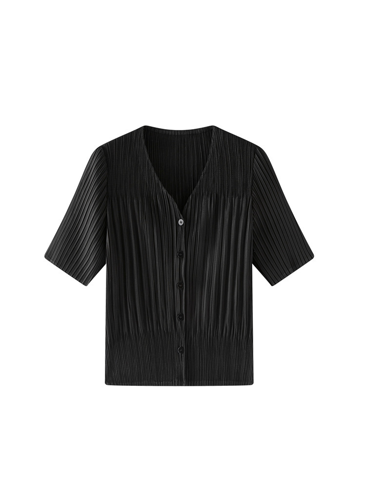 Áo khoác cardigan nữ cổ V tay ngắn xếp ly dáng rộng chống nhăn đi làm — màu be