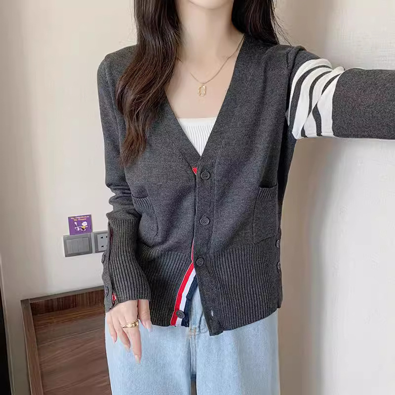 4本のストライプの男女カップルニットカーディガン春秋TBゆったり万能カレッジスタイルセータージャケットトップス|undefined