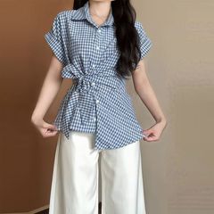 港风蓝色显瘦绑带掐感腰格子大码胖上衣设计短袖衬衫女夏季拼接