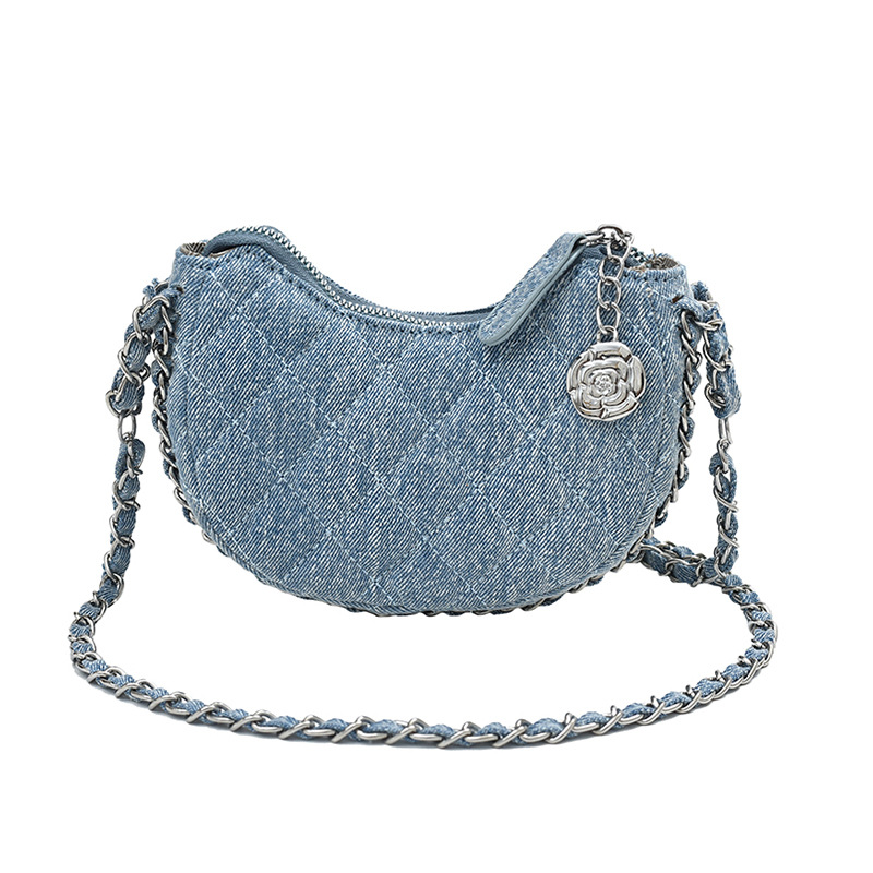 High-end denim diamond chain small bag 2023 new crescent bag niche dumpling bag single shoulder crossbody bag for women_voghion.com