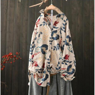 Cotton and Linen Printed Floral Long-sleeved Shirt Women's Top Spring and Autumn Loose Slimming Retro Artistic Hong Kong Style Shirt Fashionable Lapel