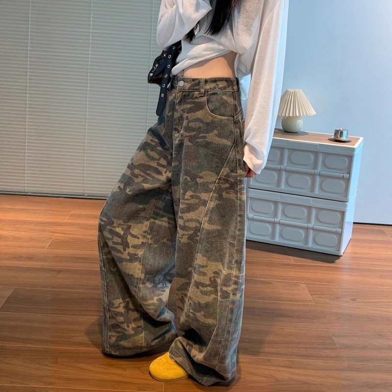 大码复古迷彩阔腿牛仔裤女新款美式街头辣妹宽松廓形拖地弯刀长裤|undefined
