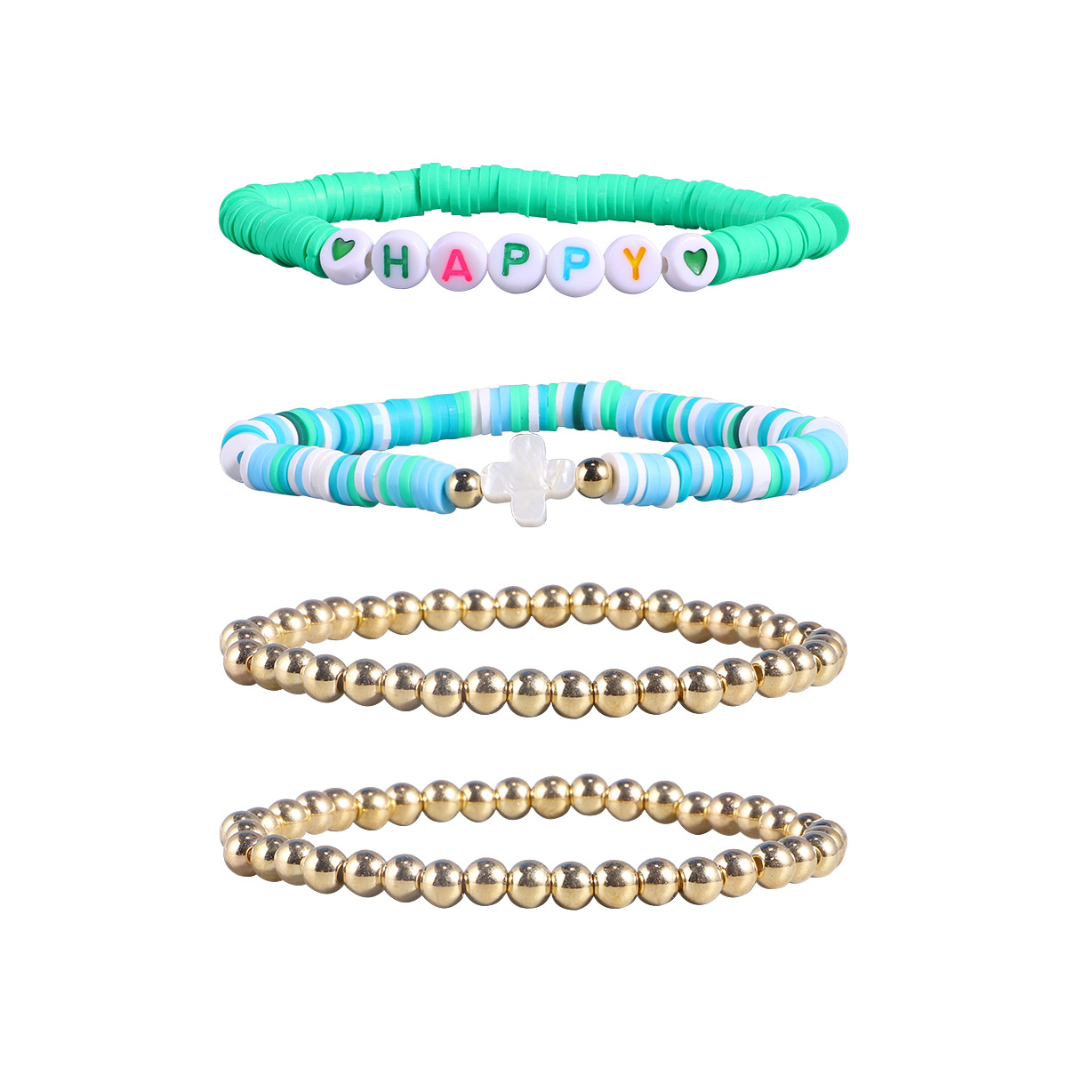 Bohemian Style Color Polymer Clay Bracelet Letter Happy Elastic Rope Golden Beads Bracelet Set