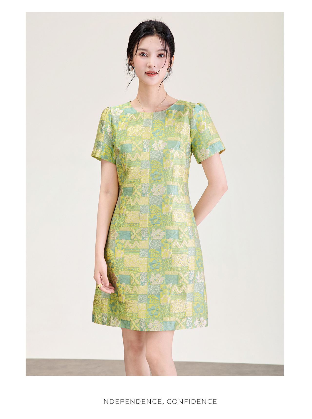 Đầm chữ A nữ jacquard họa tiết hoa nhí phong cách tiểu thư — màu hồng chi tiết 18