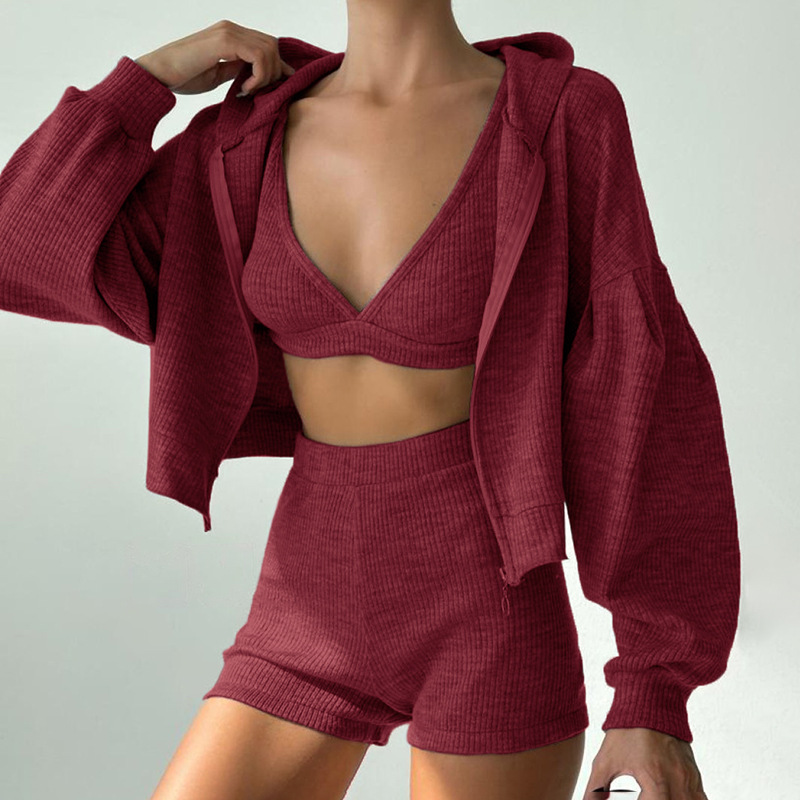 European And American Style Sports Suit Basic Solid Color Hooded Loose Zipper Jacket Small Vest + Shorts Casual_ecoleips.com