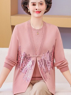 Mother spring new top two-piece sweater fashion middle-aged and elderly ladies thin cardigan short-sleeved T-shirt suit