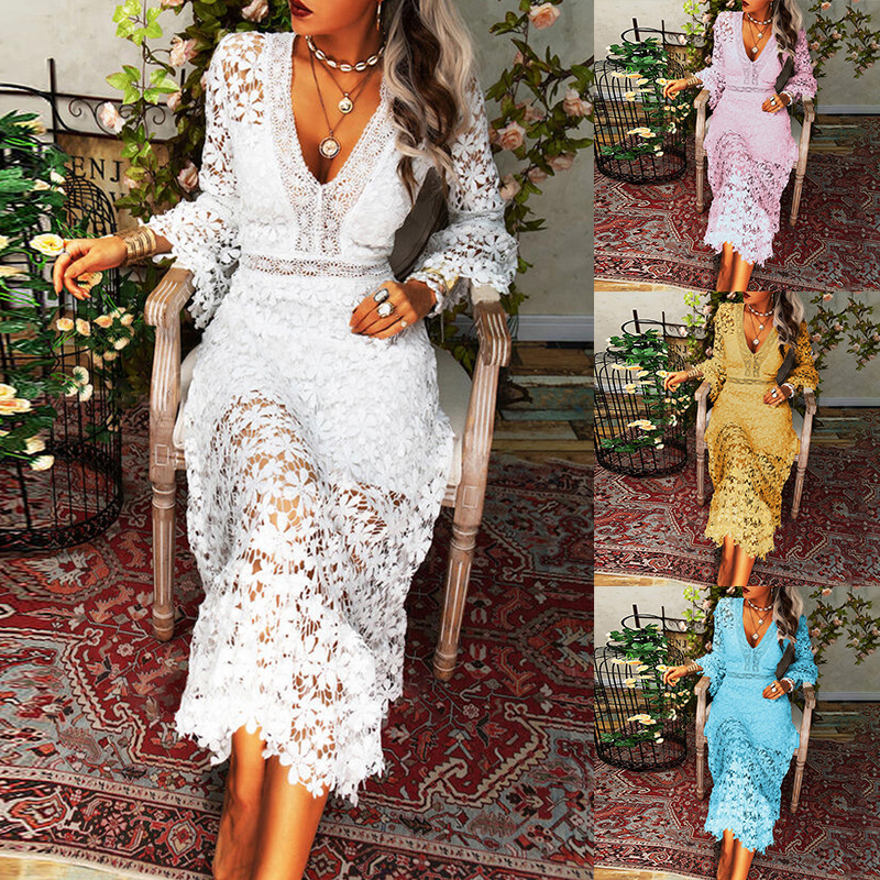 511g Weight Midi Dress Dress Length Type Long Sleeve Sleeve Length Lace Dress Dresses Type Polyester Fabric Type High Waist Waist Line Holiday, Date Occasion V Neck Neckline Slim Fit Type Solid Color, Lace Pattern Summer Season Women's Gender Hollow Out Design Elegant, Streetwear Style Wholesale Women's Elegant Streetwear Hollow Out Solid Color Lace Holiday Date V Neck Long Sleeve Lace Dress 无