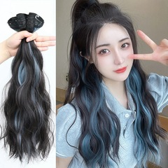 Wig for women, long curly hair, synthetic hair, one-piece style, highlighted with water-wave texture, egg-curl design, increases hair volume, fluffy, ear-hanging, dyed hair extension piece.