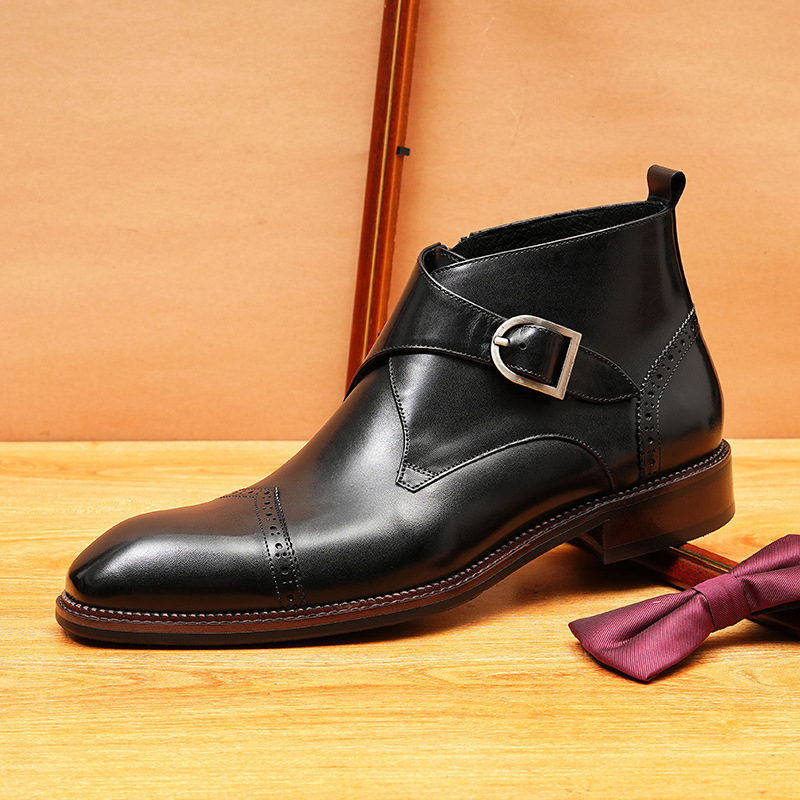 Men's Trendy Short Boots Martin Boots British Genuine Leather Work Boots Carved High-Top British Winter Retro