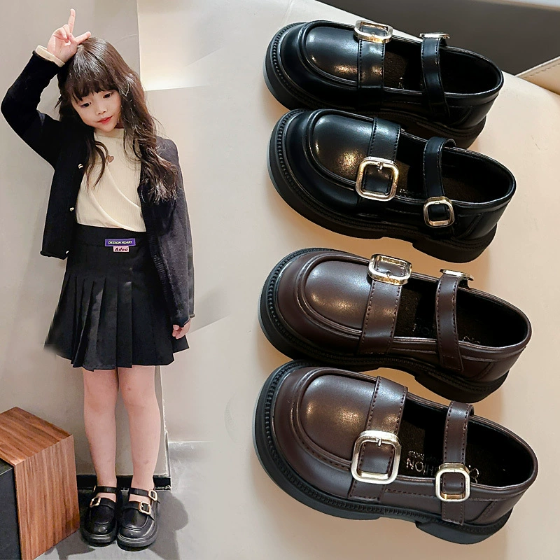 2025 весна и осень новая кожаная обувь для девочек маленькая девочка мода корейская версия обуви принцессы мягкая подошва тенденция повседневная одноцветная обувь