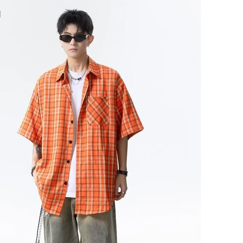 American Orange Plaid Long-Sleeved Shirts for Men and Women in Summer Loose Dopamine Couple Shirts Versatile Casual Jackets for Men American Orange Plaid Long-Sleeved Shirts for Men and Women in Summer Loose Dopamine Couple Shirts Versatile Casual Jackets for Men