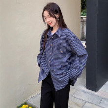 实拍 法式复古格纹衬衫女2025秋季韩版休闲宽松百搭感格子衬衣潮