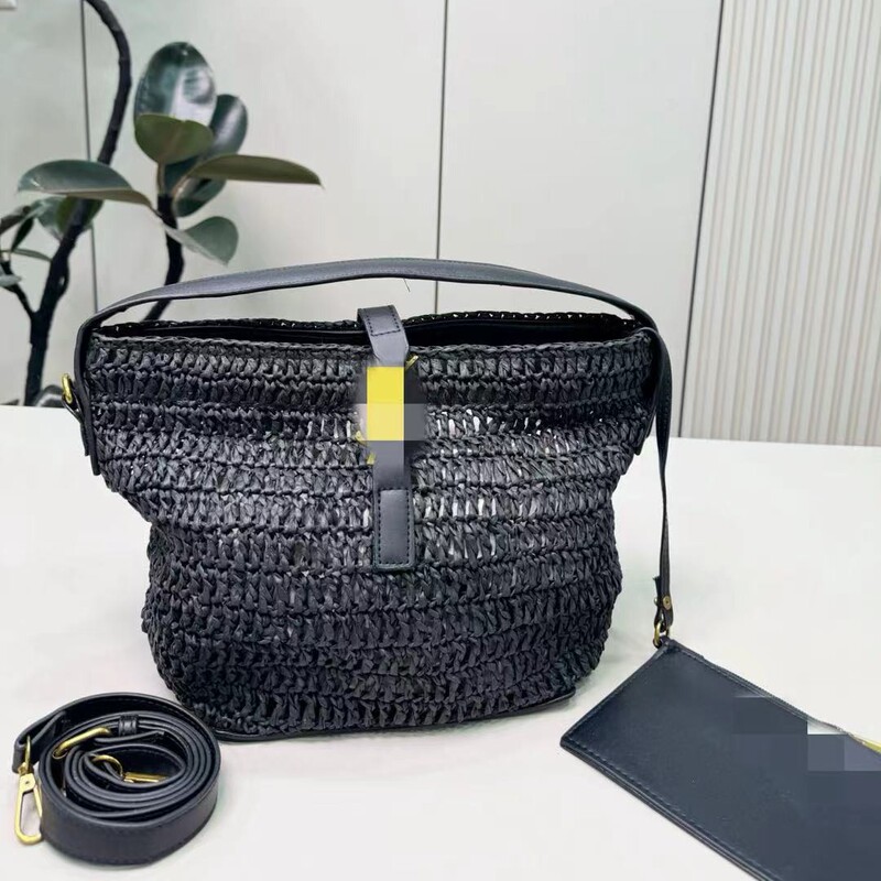 Bucket-shaped straw bag with cowhide long shoulder strap, handmade weaving material kit, simple and easy to use, suitable for beginners