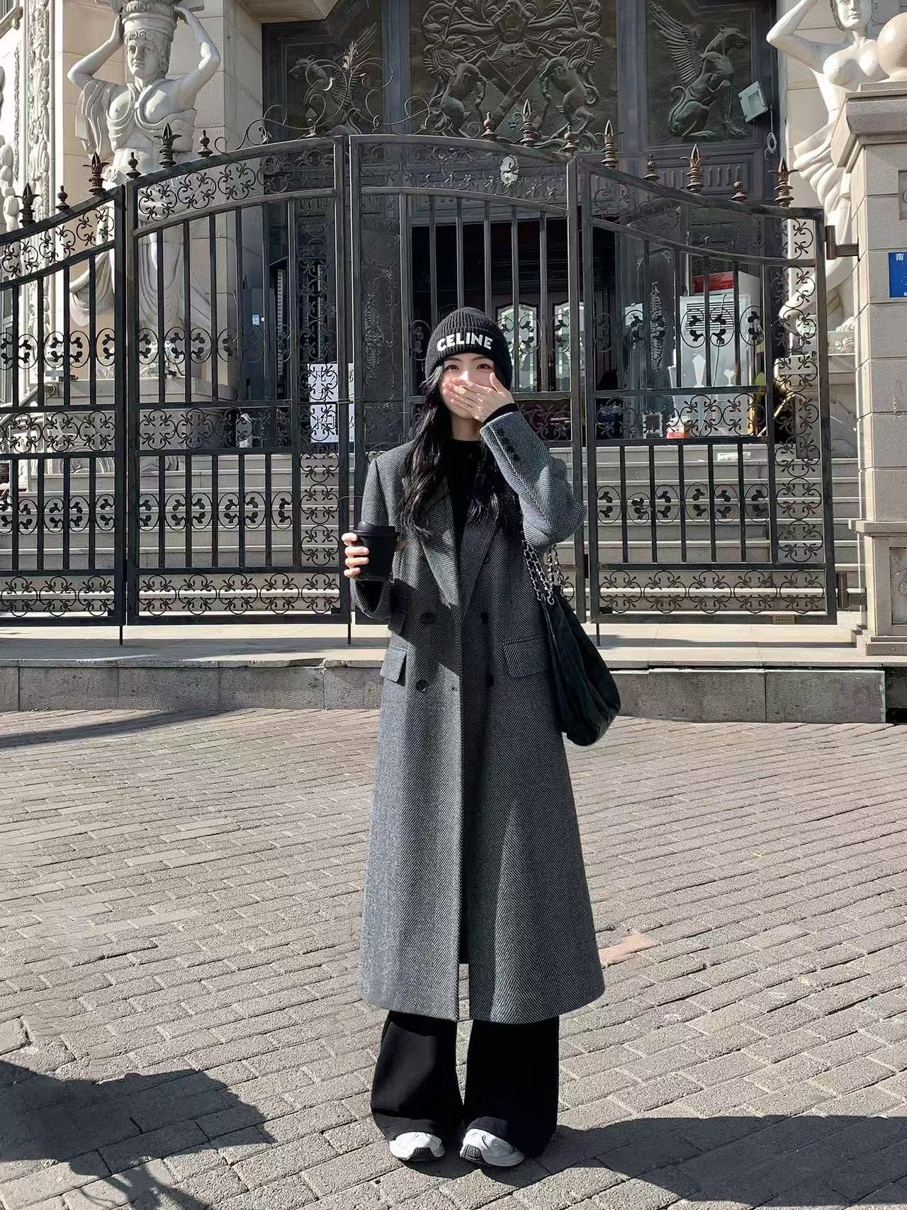 Thickened Herringbone Woolen Coat Women's 2024 New Winter High-end Elegant Display Quilted Woolen Coat