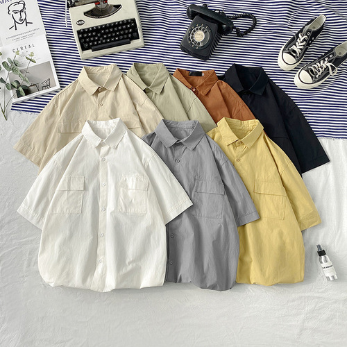 Summer Plain Color Short Sleeve Shirt for Men Loose Japanese Style Workwear Five-Button Sleeve Top Hong Kong Style White Trendy Half-Sleeve Shirt