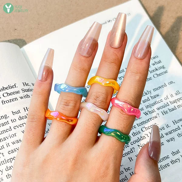 Yuyu Ins-Style Japanese and Korean Minimalist Colorful Irregular Resin Jelly Color Cute Girl Simple Stackable Index Finger Ring