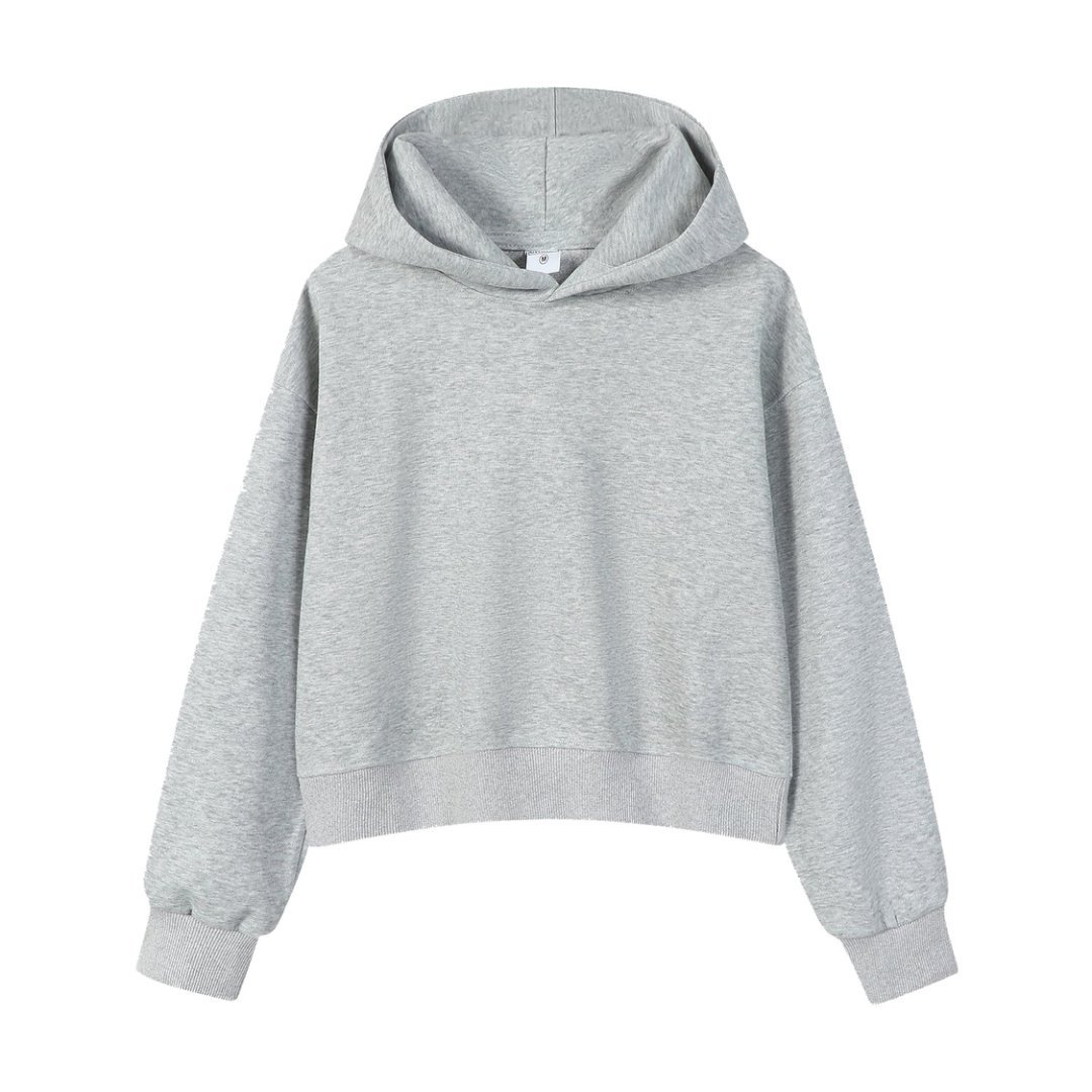 Marca de moda de color sólido con capuchón de plata, camiseta corta de hombro para mujeres otoño y invierno pesado 450g con camiseta con capuchón cálida y casual