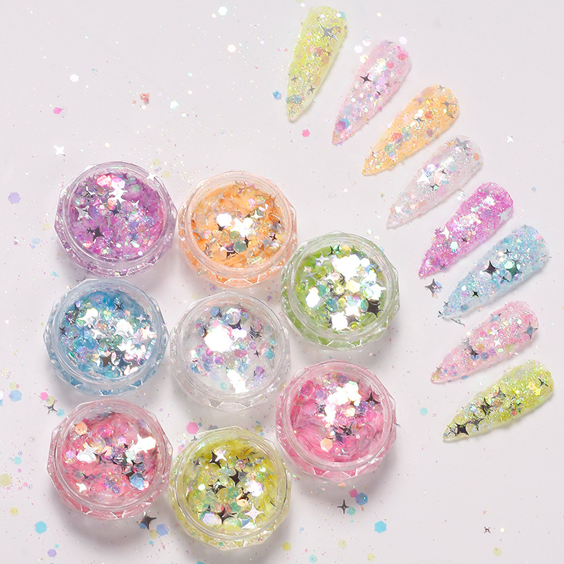 Celebridad de Internet nuevo multicolor clavo estrella flash lentejuelas tamaño mezclado láser brillo uñas lentejuelas joyería en caja