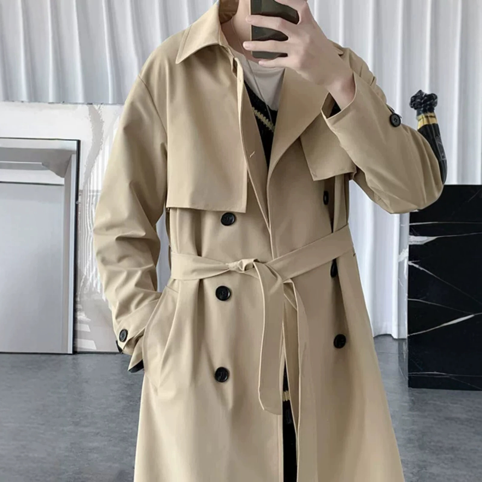 Men's mid-length overcoat, Korean style, British style, casual and trendy jacket, handsome and fashionable business style, suitable for spring and autumn.
