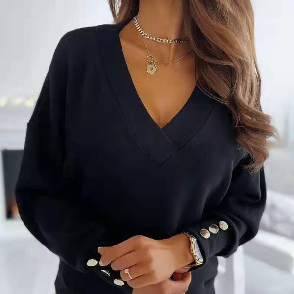 Women's Clothing Spring and Autumn Cuff Button Decoration V neck Casual Sweater Long Sleeve Bottoming Top for Women_voghion.com
