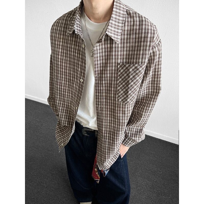 Spring and Autumn Thin Plaid Shirts for Men, Casual Loose Fit, Turn-Down Collar, Long-Sleeve Plaid Shirts for Women, Korean Style Trendy Tops