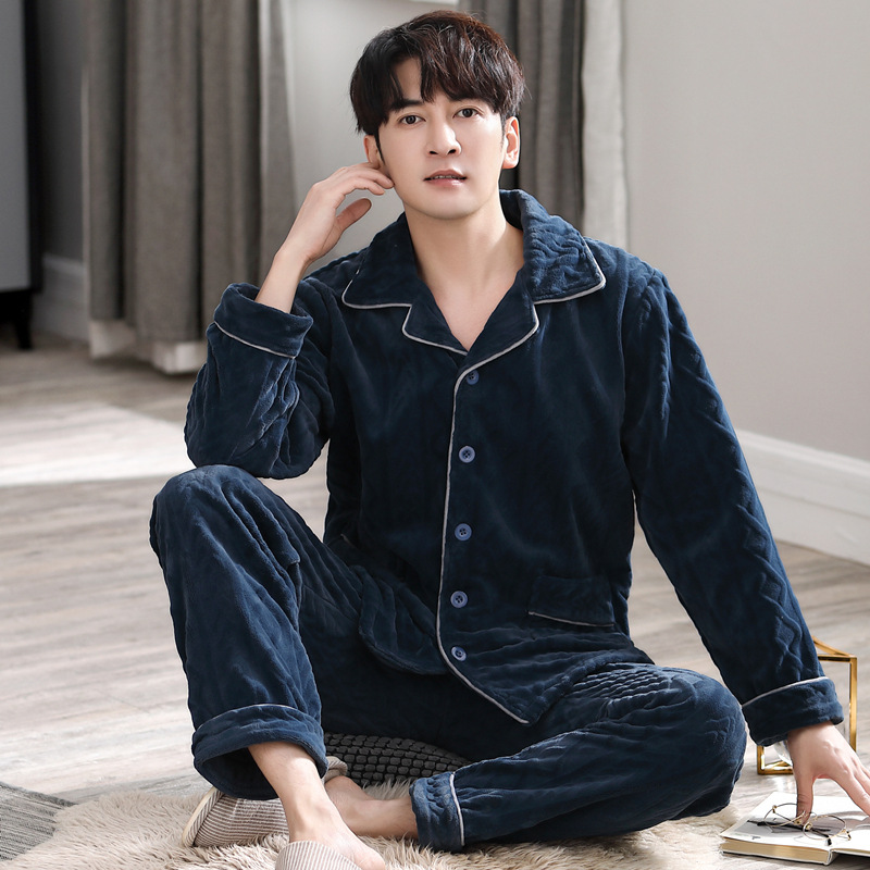 Pijamas de hombre para hombre Otoño e Invierno coral fleece cardigan cálido invierno forrado de lana engrosada franela traje de hombre