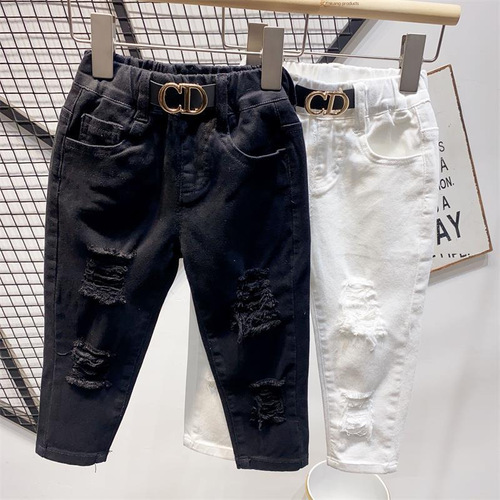 Children's pure cotton black and white jeans with elastic holes, slim fit long pants for 2-7 years old, item number AA12182