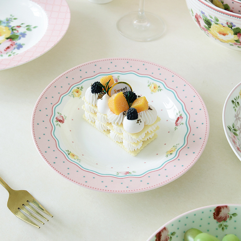 Juego de vajilla de porcelana de hueso de alto valor floral romántico, plato, cuchara, boda, nuevo hogar, vajilla de cerámica, tazón de sopa para el hogar image 3