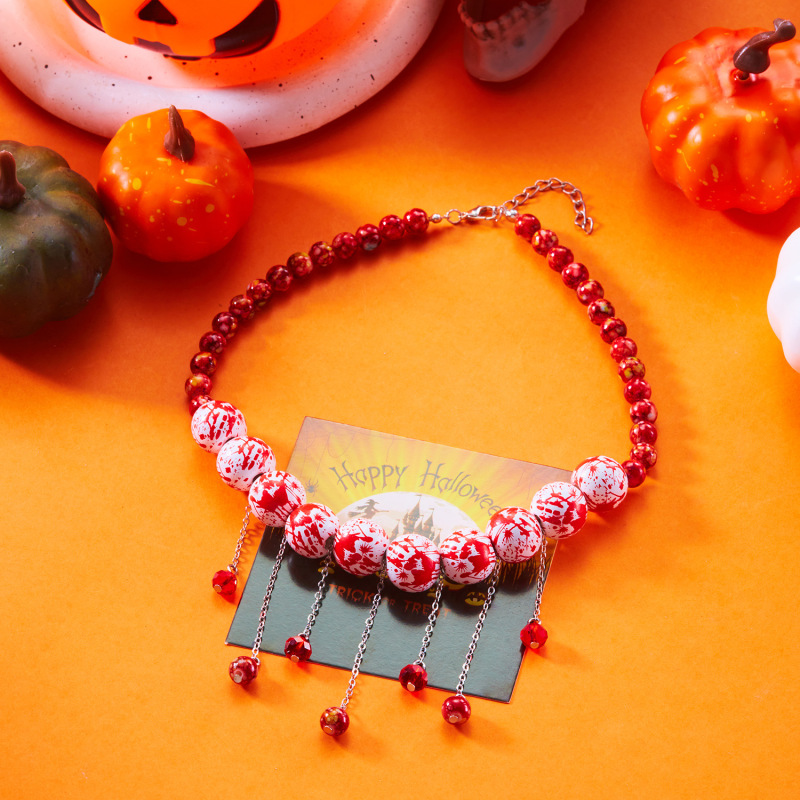 ハロウィンシリーズネックレスヨーロッパとアメリカの国境を越えた新しいパーソナライズされたクリエイティブゴーストフェイス白背景プリントウッドビーズ弾性ブレスレット|undefined