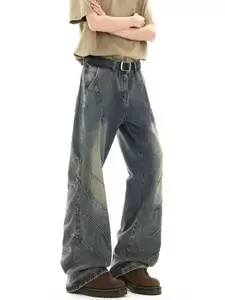 American high street style pleated washed flared jeans for men, trendy new loose retro design wide-leg pants