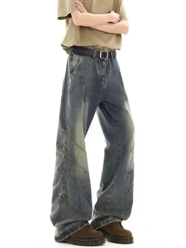 American high street style pleated washed flared jeans for men, trendy new loose retro design wide-leg pants