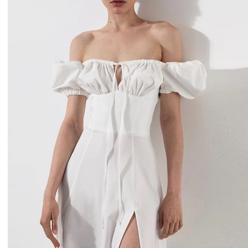 Fransk stil damkjolset med puffärmar och hög slits_voghion.com