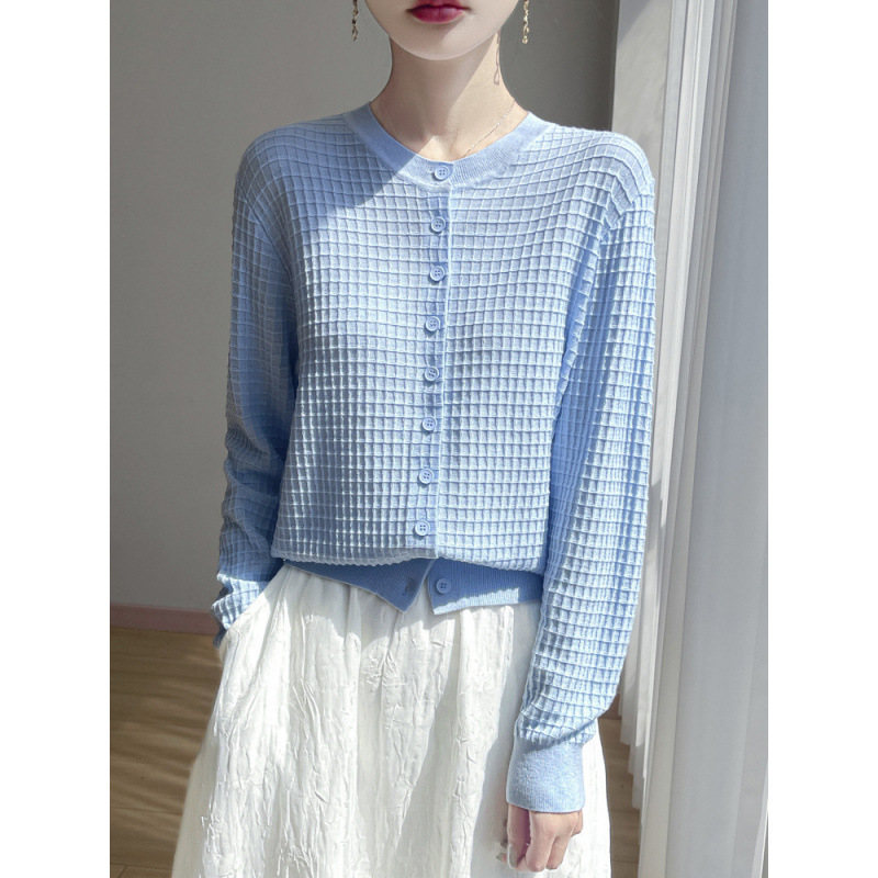 2026 Fall/Winter New Silk Wool Round Neck Knit Cardigan Long Sleeve Women's Waffle Pattern Loose Versatile Top 2026 Fall/Winter New Silk Wool Round Neck Knit Cardigan Long Sleeve Women's Waffle Pattern Loose Versatile Top