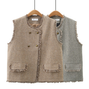 Plus size women's fashionable tassel Chanel style vest cardigan autumn loose slimming Western style waistcoat 39661