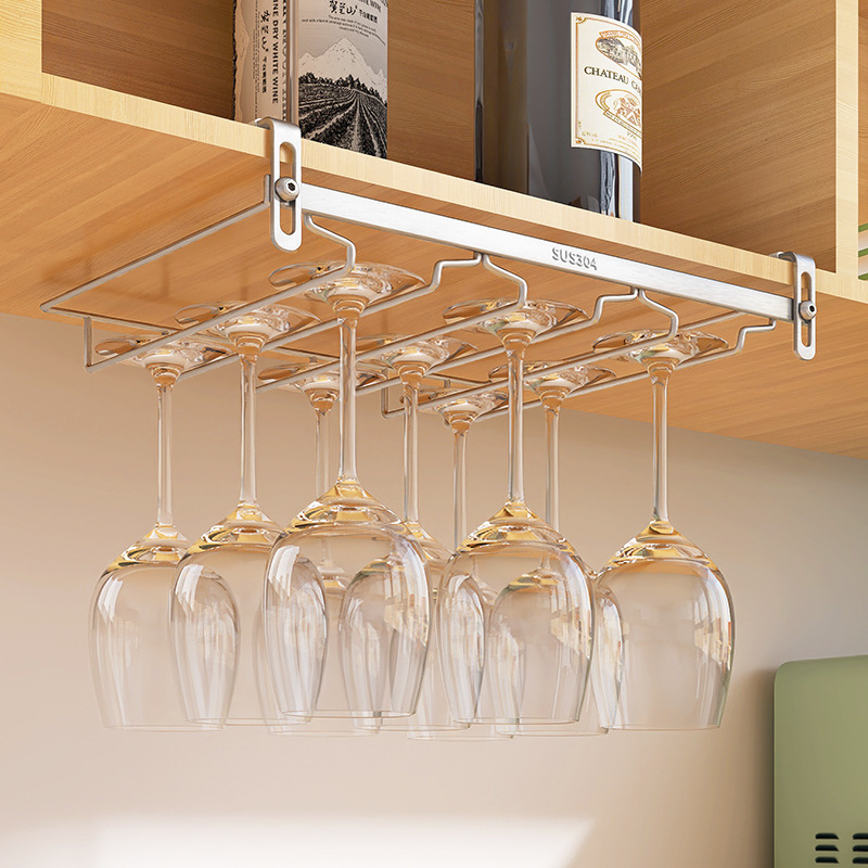 304 gabinete de acero inoxidable sin perforar titular de la taza de vino ajustable colgando estante de almacenamiento de vidrio de vino colgando estante de almacenamiento