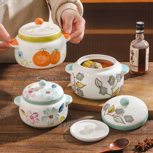 Hand-painted underglaze color double-covered double-ear ceramic household water-proof stew pot, egg custard, bird's nest, dessert, tonic cup, bowl and stew pot