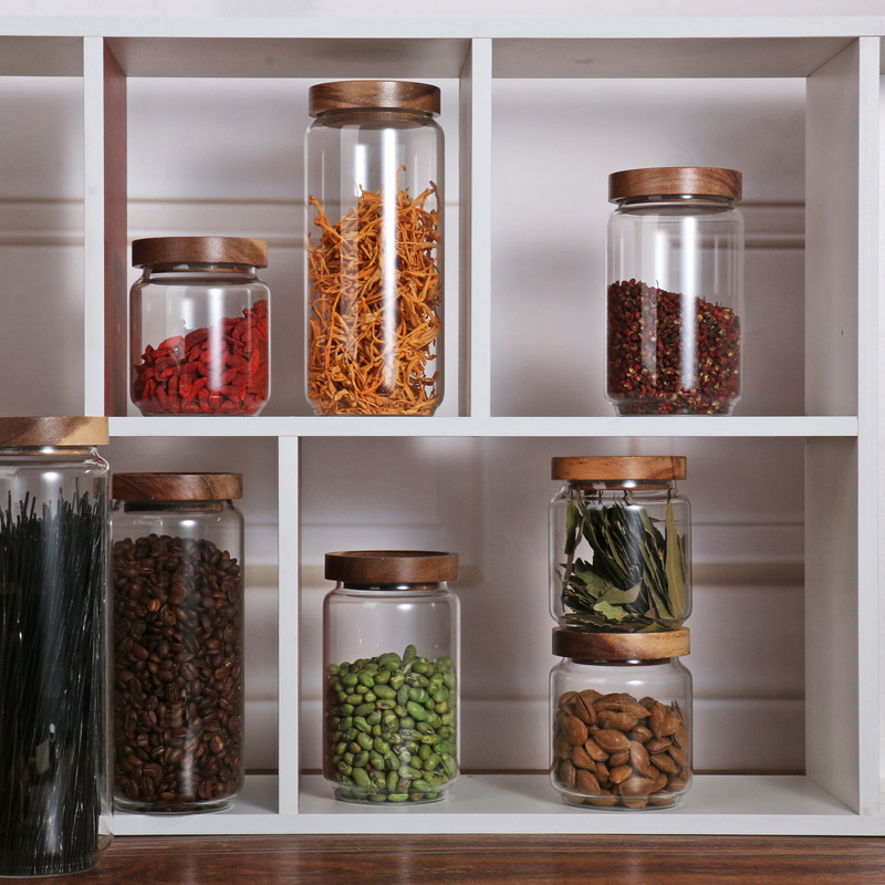 Tarro de vidrio de borosilicato con rosca sellada de madera de acacia para almacenamiento diario en la cocina, tarro para almacenamiento de granos variados, frutas secas y té.