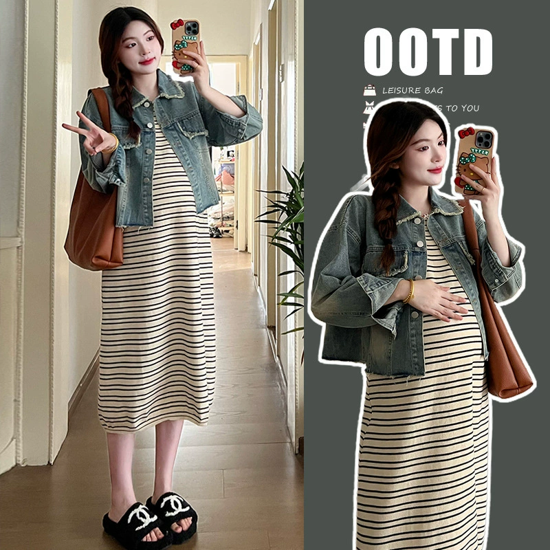 Реальный выстрел в осеннюю полоску трикотажное платье джинсовая куртка для беременных костюм