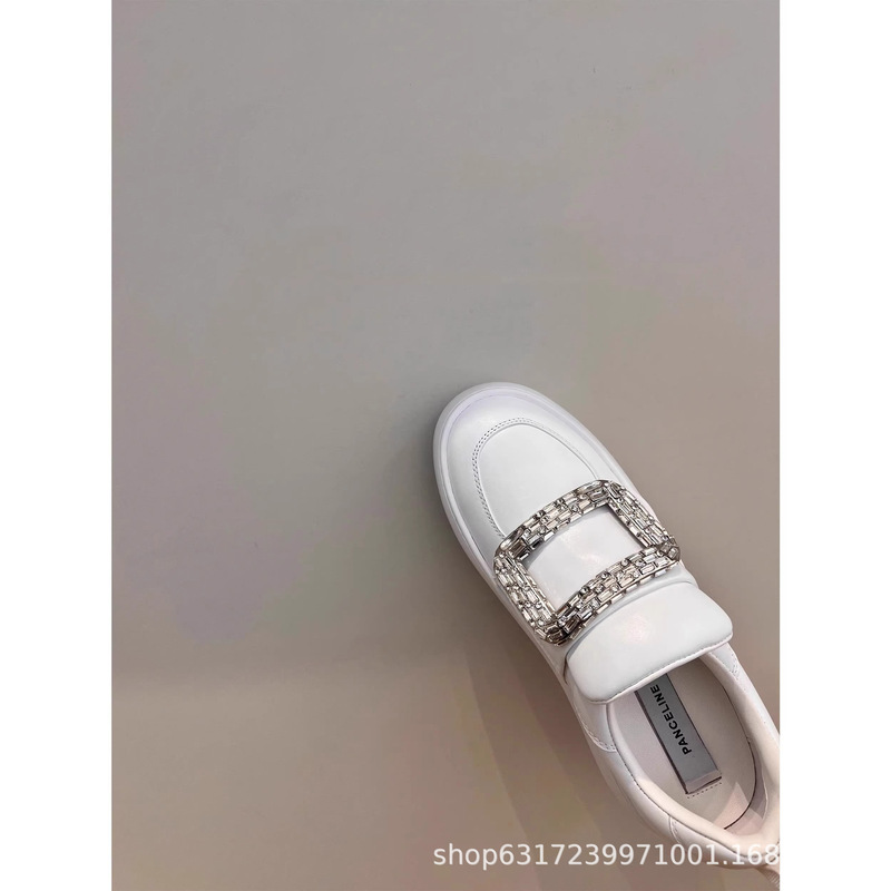 2024 New RV Rhinestone Square Buckle White Shoes Women's Slip-on Platform Shoes Belt Buckle Sports Casual Shoes